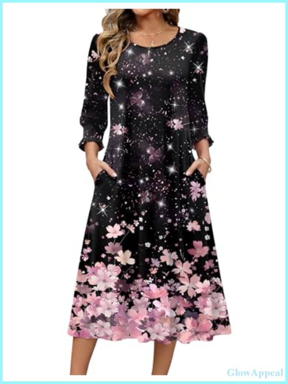 3/4 Sleeve Floral Midi Dress with Pockets - Casual Loose Fit Summer Dress for